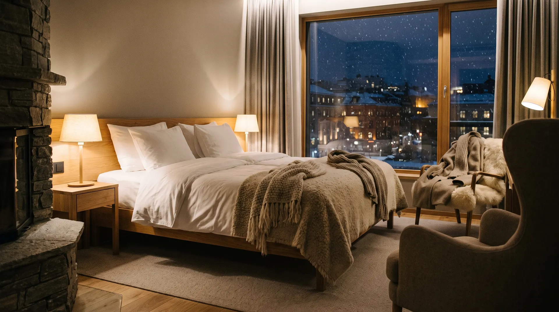 Hotellrum med bäddad dubbelsäng och snöig vinterutsikt genom fönstret